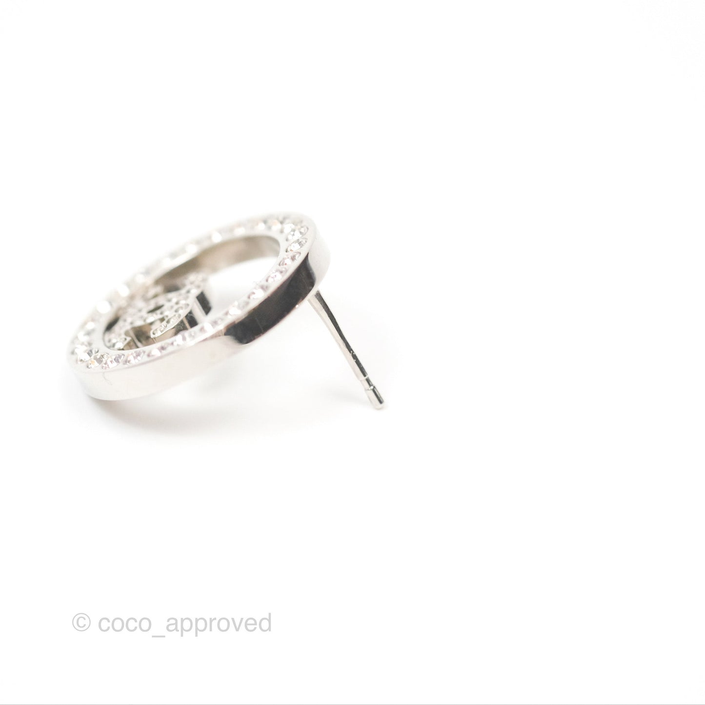 Chanel Crystal CC Round Earrings Silver Tone 23V