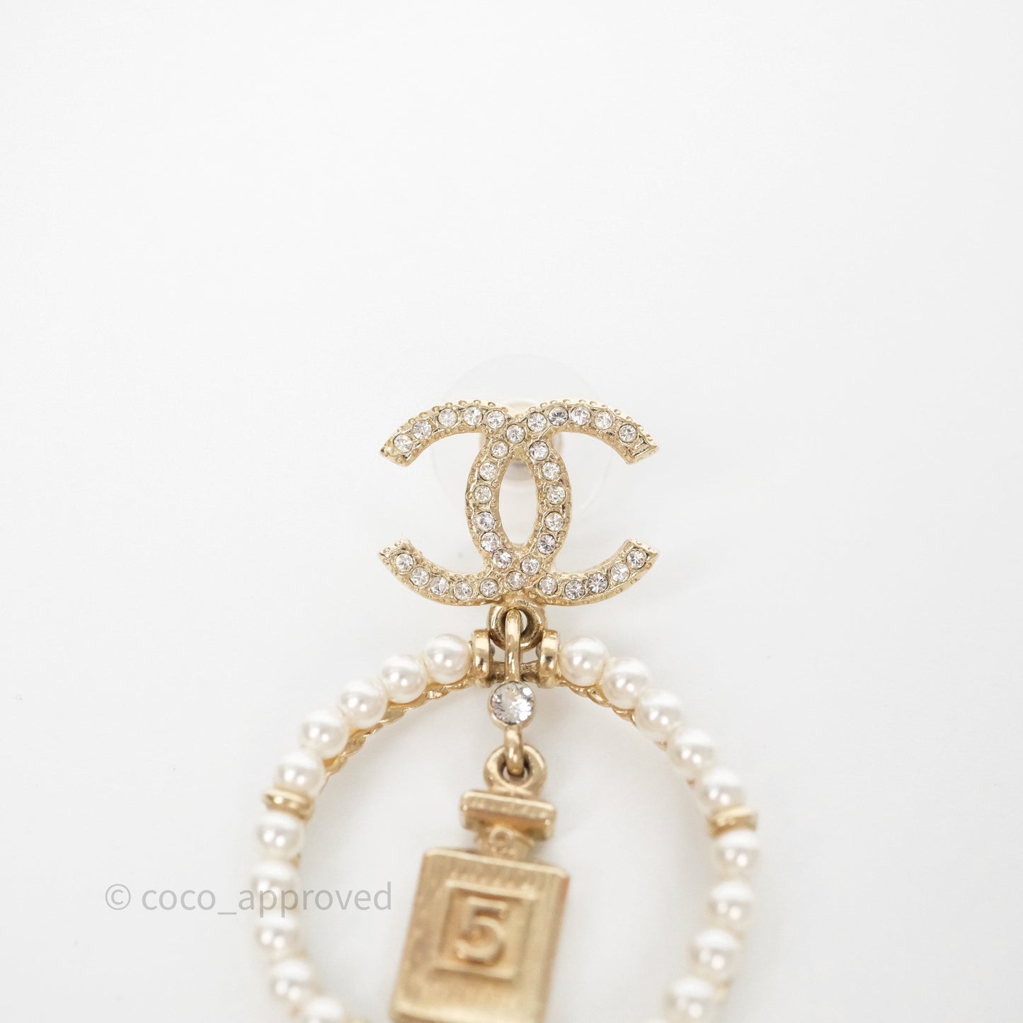 Chanel Crystals CC Drop Pearl Round No5 Perfume Bottle Earrings 20V