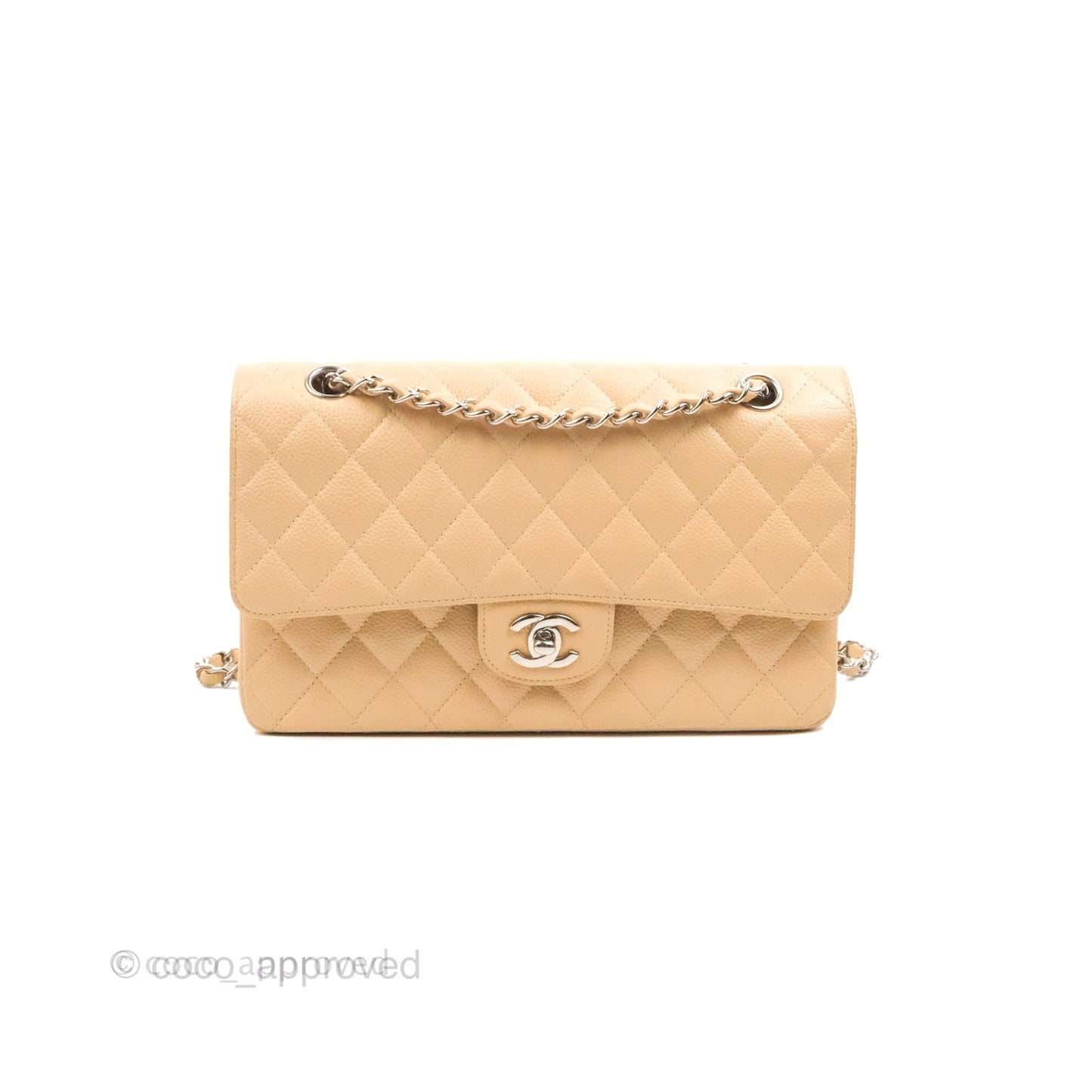 Chanel Classic M/L Medium Flap Quilted Beige Caviar Silver Hardware