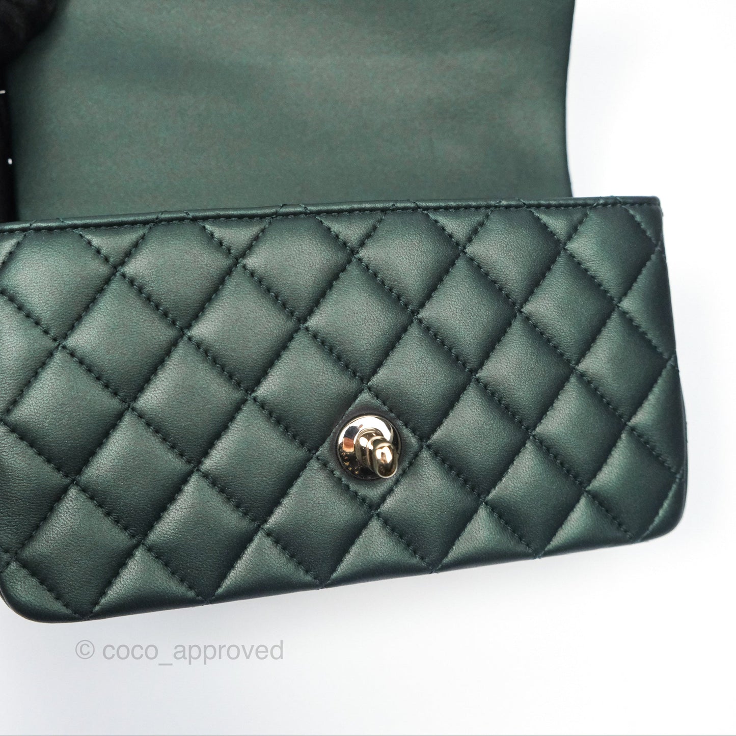 Chanel Top Handle Mini Rectangular Flap Bag Iridescent Dark Green Lambskin Gold Hardware