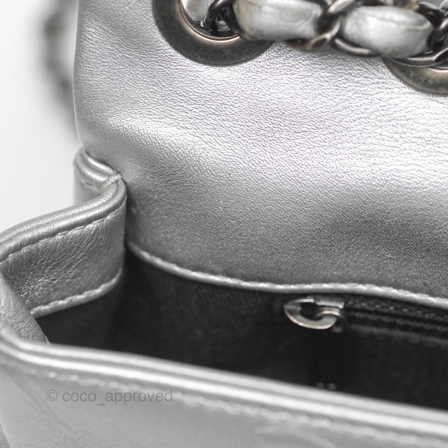 Chanel Medium Single Flap Embossed Metallic Silver Lambskin Ruthenium Hardware