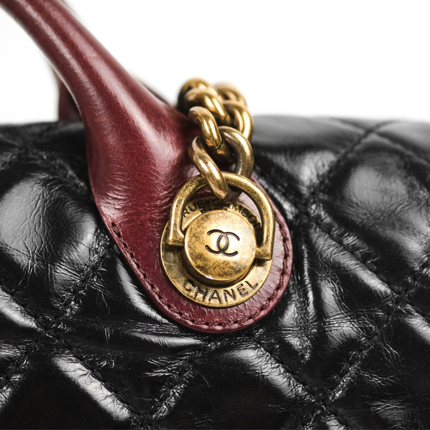 Chanel Large Castle Rock Flap Bag Black Glazed Aged Calfskin Burgundy Handle
