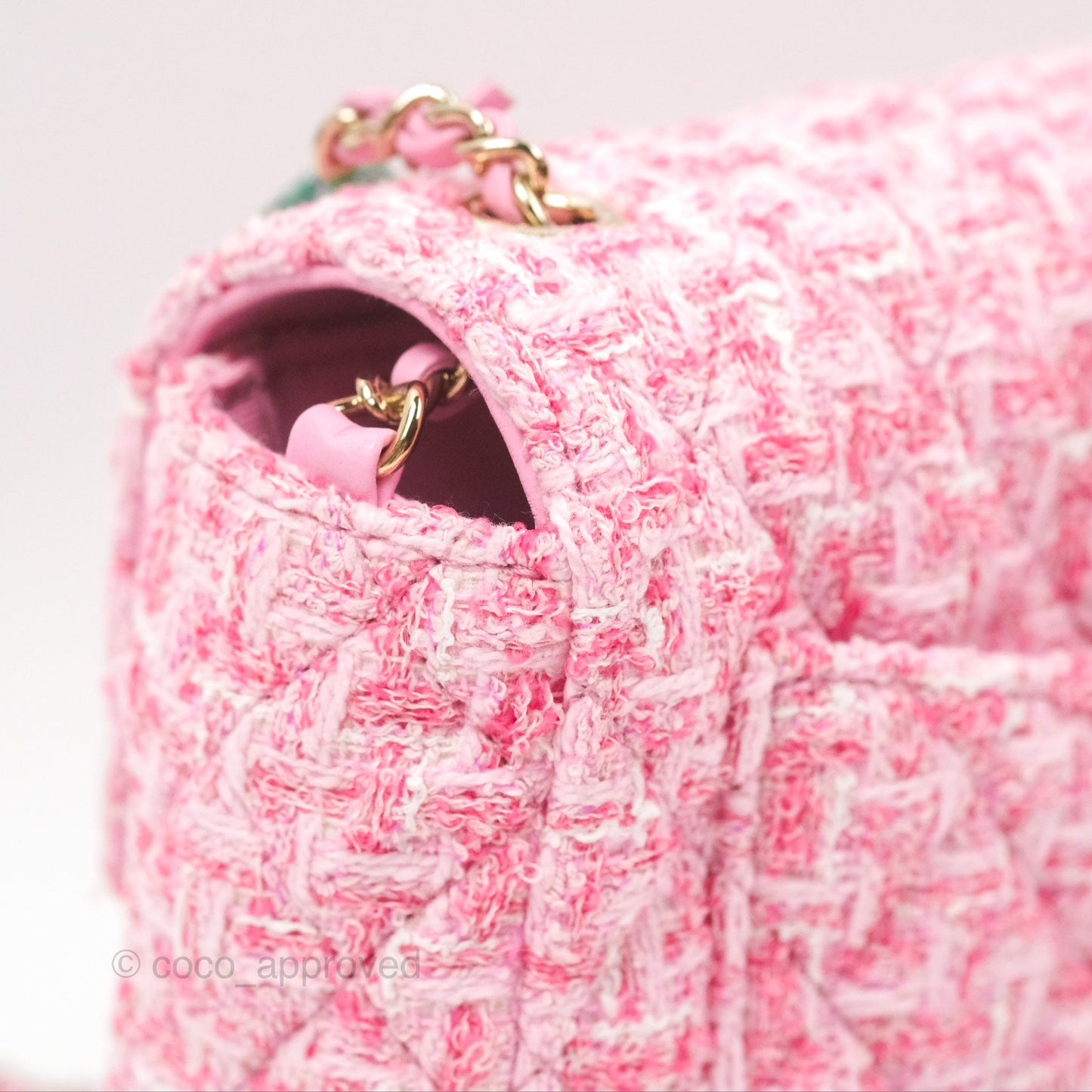 Chanel Flap Bag with Heart Resin Charm Chain Pink Tweed Gold Hardware