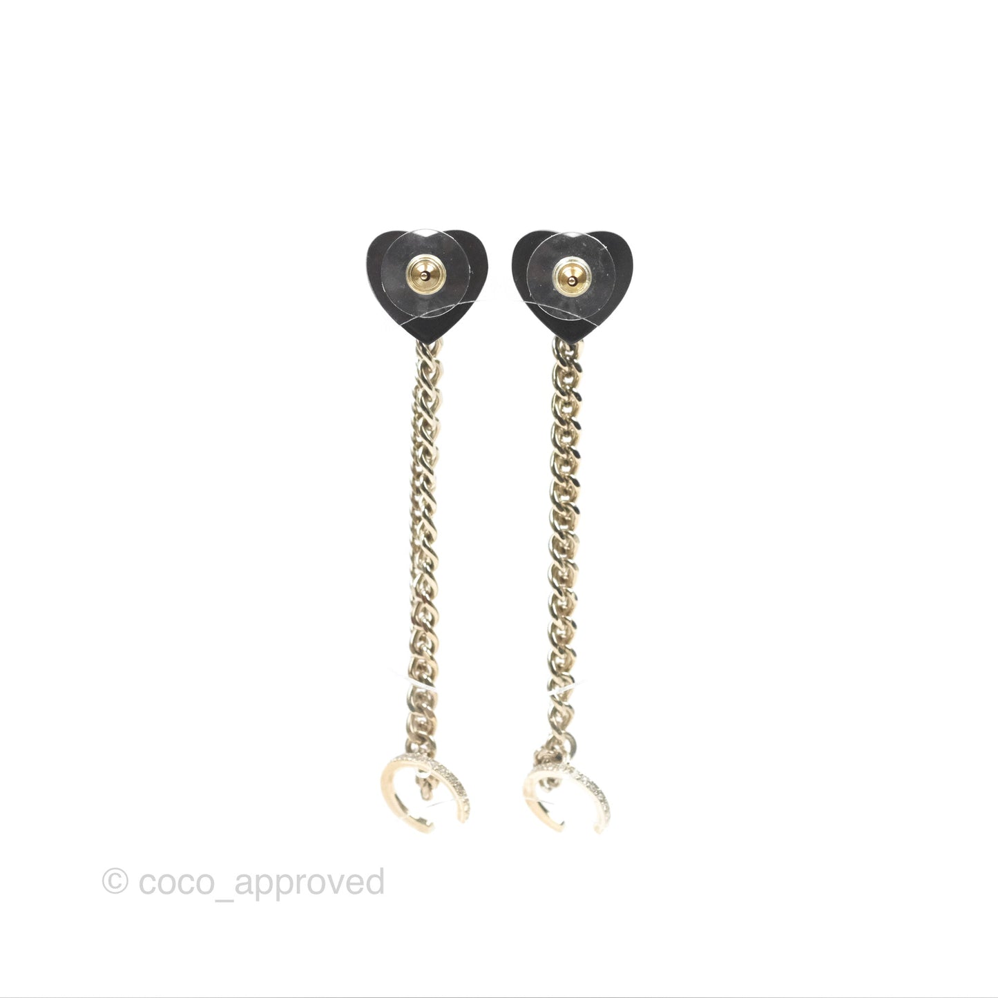Chanel Crystal CC Black Heart Chain Drop Earrings Gold Tone 22B
