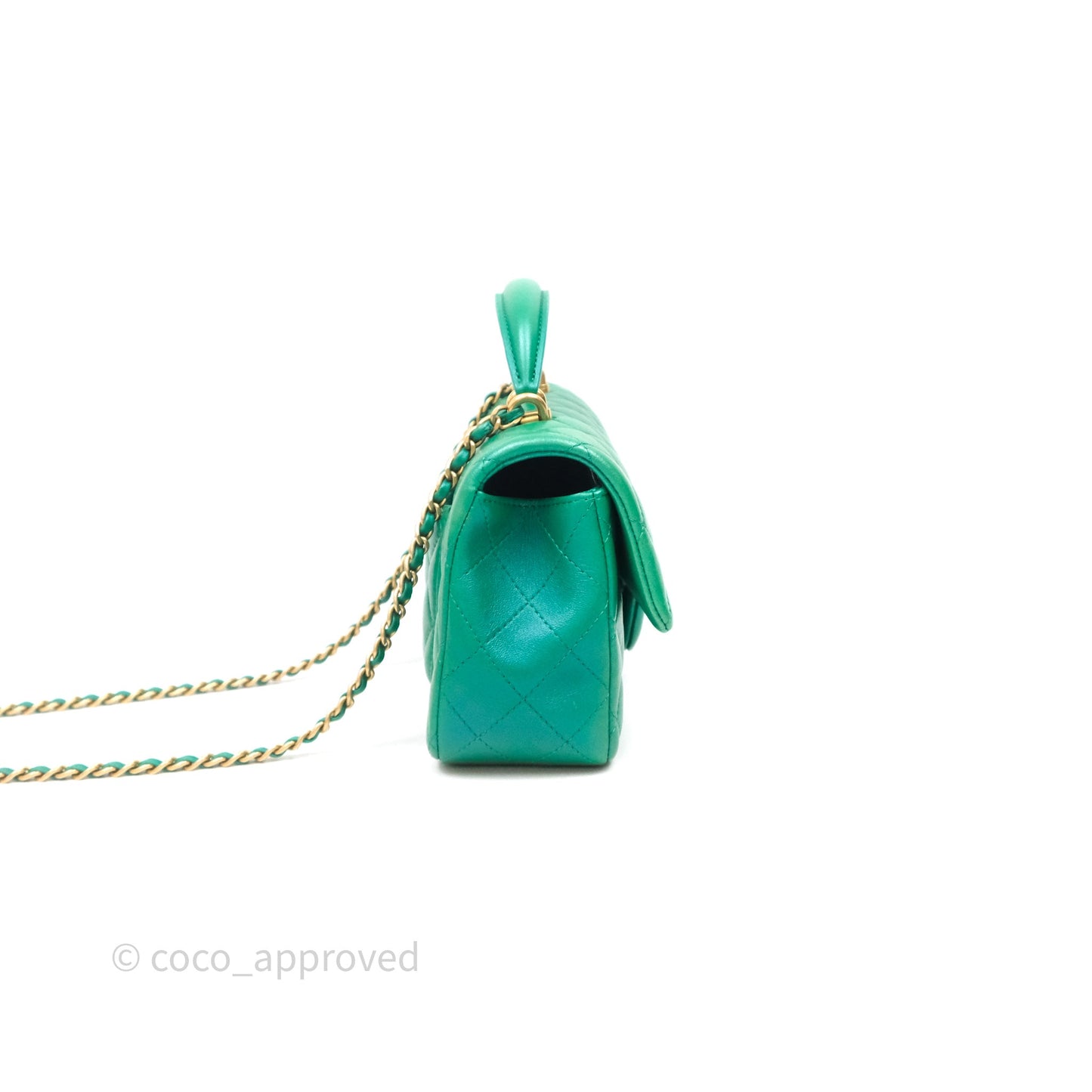 Chanel Top Handle Mini Rectangular Flap Bag Iridescent Green Lambskin Aged Gold Hardware
