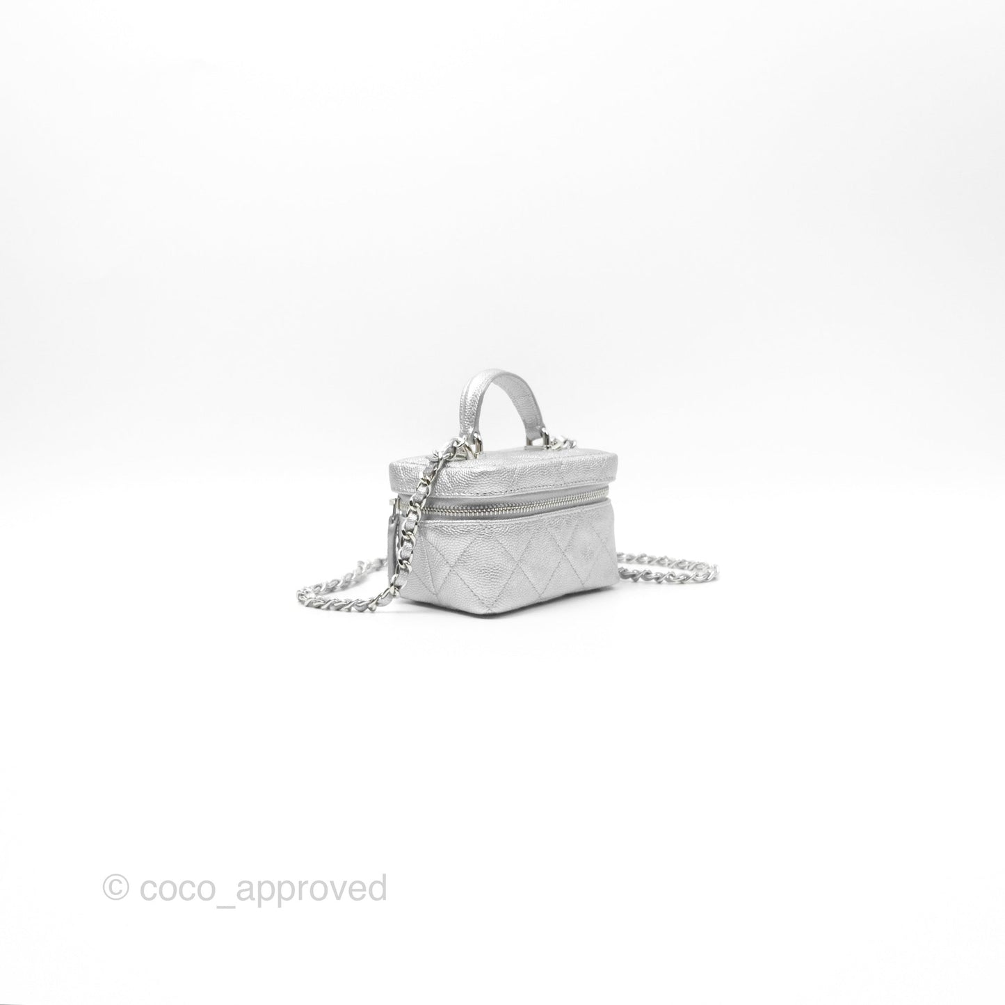 Chanel Quilted Mini Top Handle Vanity With Chain Metallic Silver Caviar Silver Hardware