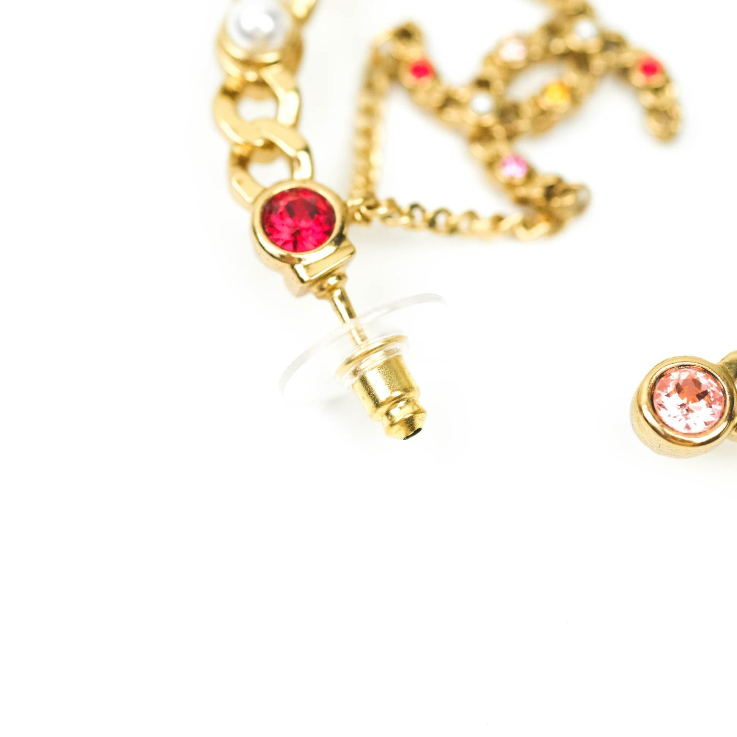 Chanel CC Pearl Rhinestone Hoop Earrings Gold Tone 21P