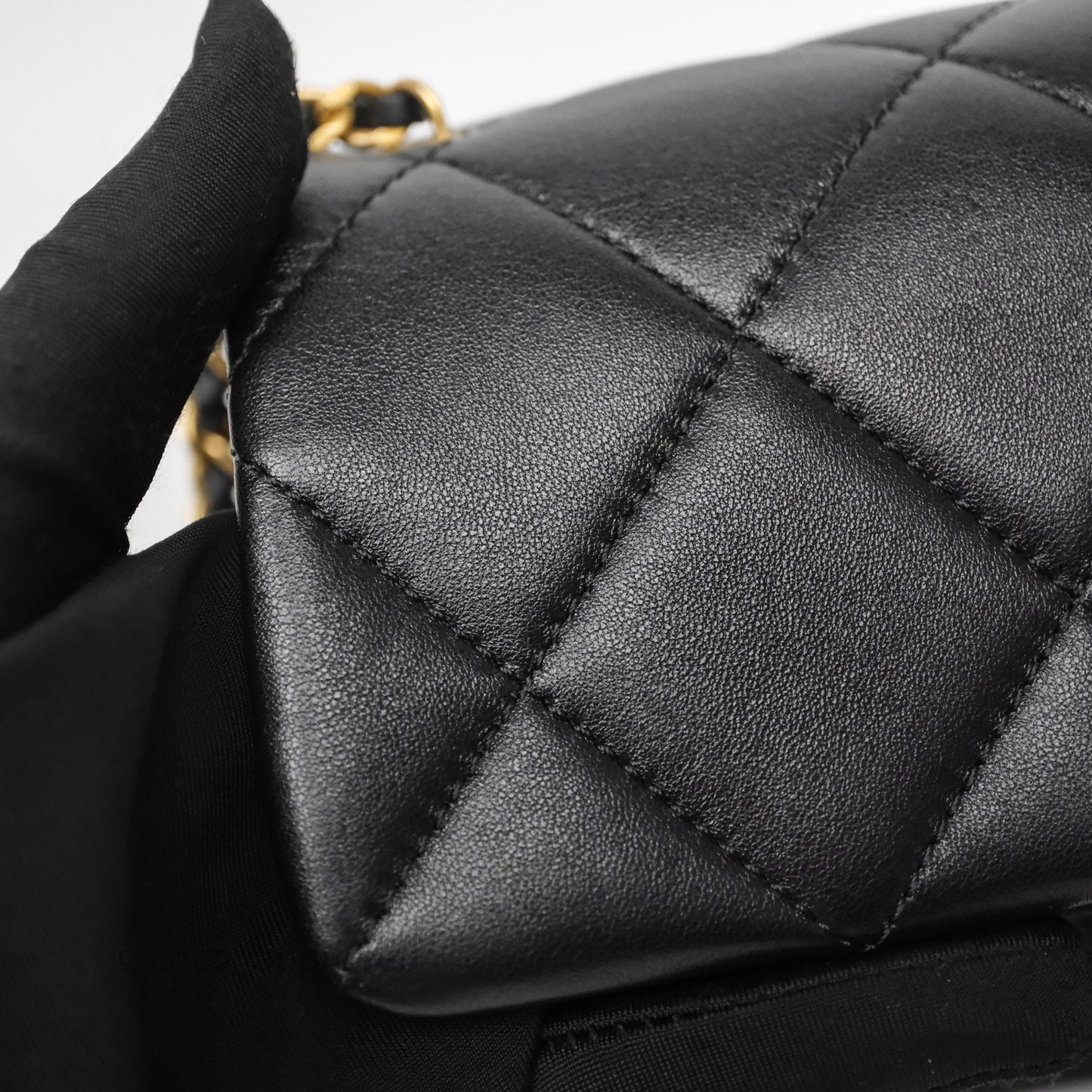 Chanel Quilted Flap Bag with Pearl Chain Black Calfskin Aged Gold Hardware