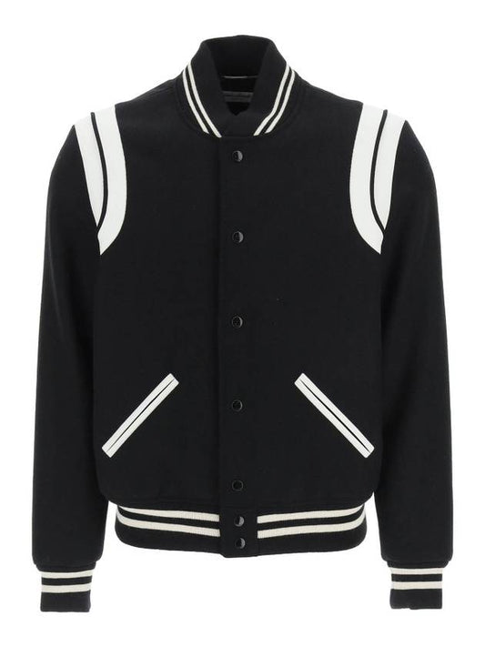 Luxury Saint Laurent Teddy Bomber Jacket in Wool Black White