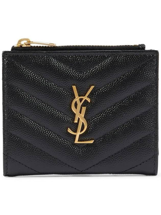 Luxury Saint Laurent Cassandre Matelasse Grain De Poudre Embossed Leather Half Wallet Black