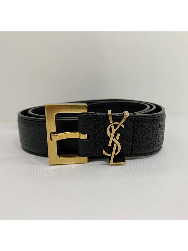 Luxury Saint Laurent Cassandre Belt with Square Buckle in Grained Leather Black