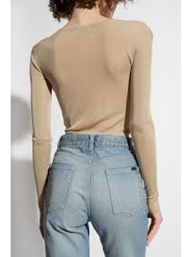 Luxury Saint Laurent Rib Detail Viscose Crop Long Sleeve T-Shirt Beige