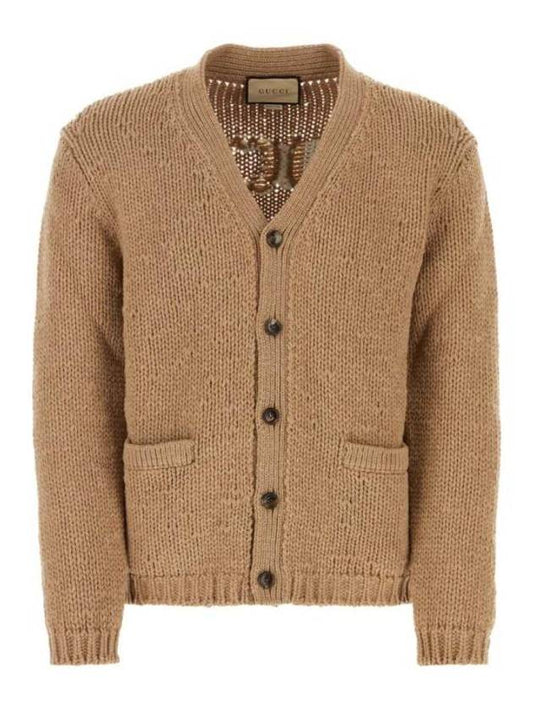 Luxury Gucci Trending 2025 Intarsia Knit Wool Cardigan Camel Ivory