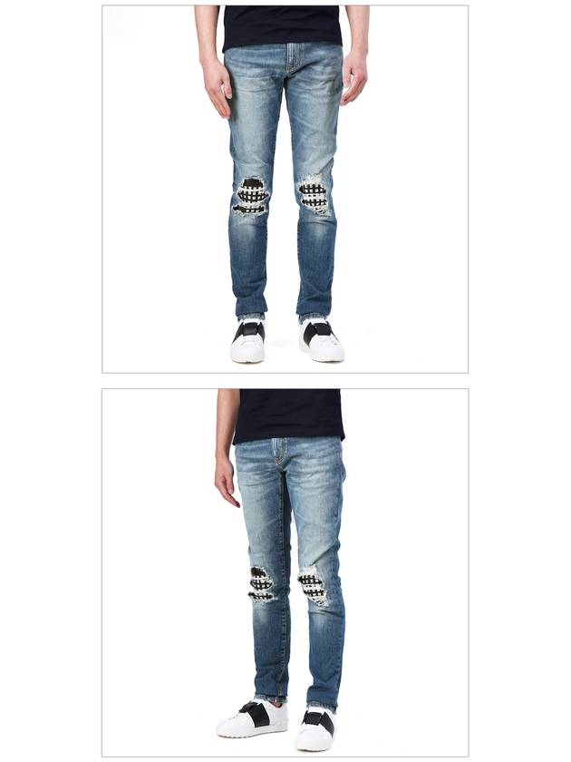 Luxury Saint Laurent Men's Leather Stud Washed Jeans Blue