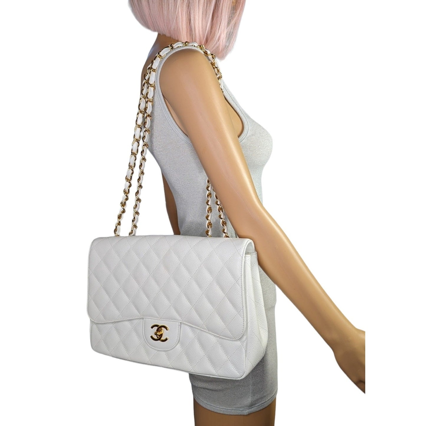 Luxury Chanel bag Vintage Classic Quilted Caviar Single White Jumbo Flap