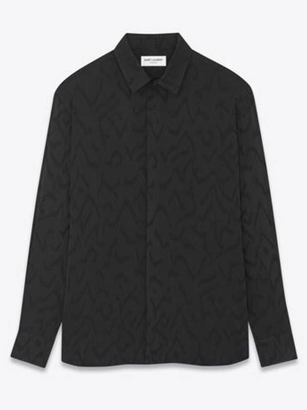 Luxury Saint Laurent Art Print Satin Long Sleeve Shirt Black