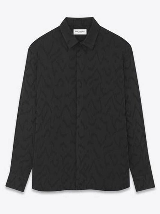Luxury Saint Laurent Art Print Satin Long Sleeve Shirt Black