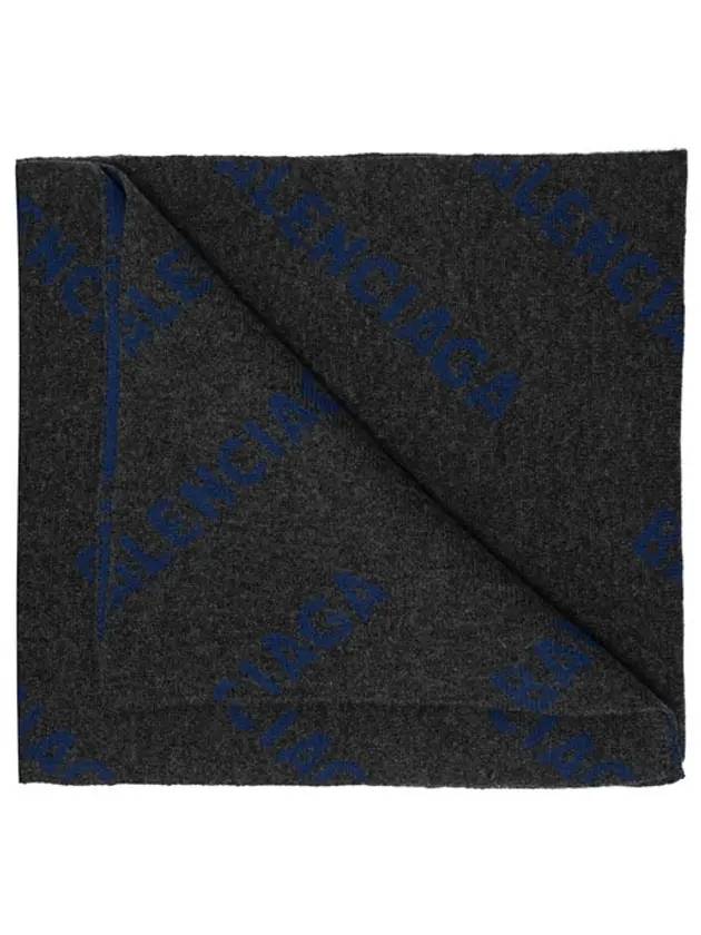 Luxury Balenciaga All Over Logo Wool Muffler Blue Dark Grey