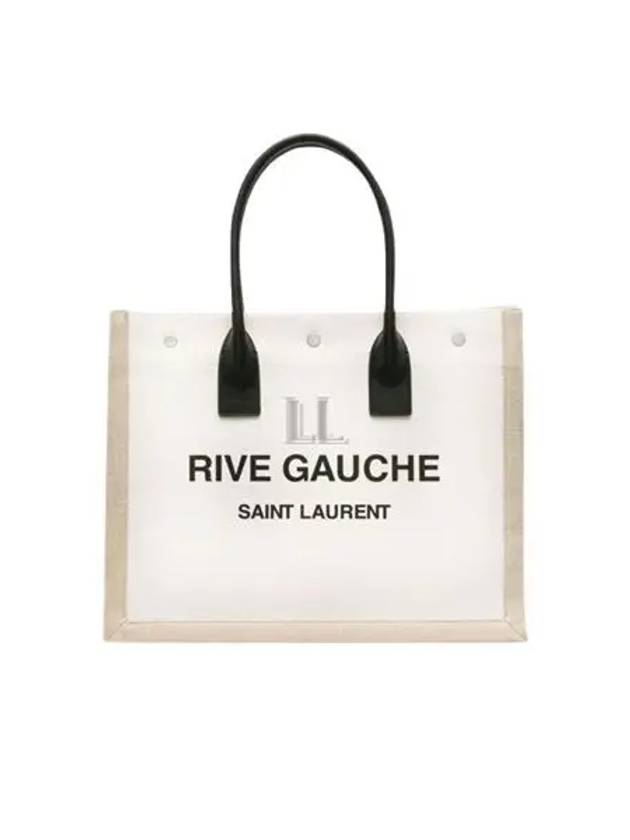 Luxury Saint Laurent Rive Gauche Logo Linen Leather Small Tote Bag Beige