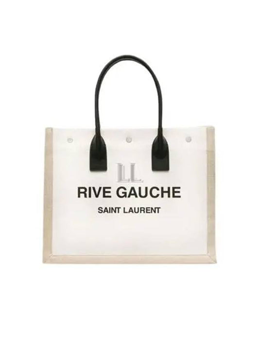Luxury Saint Laurent Rive Gauche Logo Linen Leather Small Tote Bag Beige