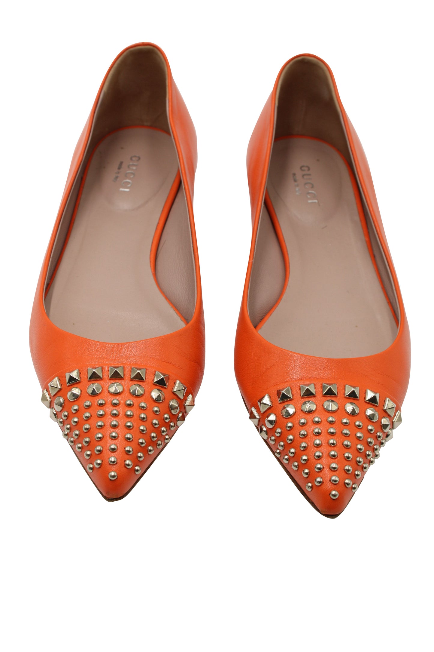 Luxury Gucci Trending 2025 Silver Studded Point-Toe Ballet Flats in Orange Leather