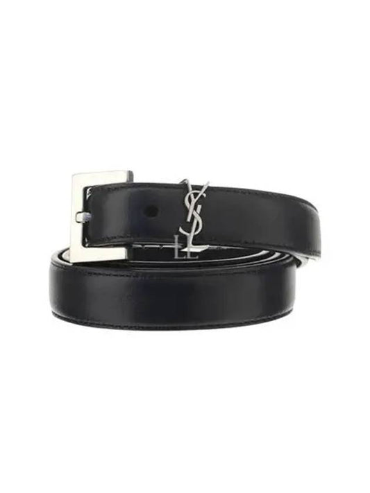 Luxury Saint Laurent Women's Monogram Square Grain Leather Belt Black
