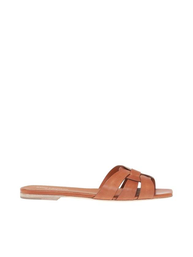 Luxury Saint Laurent Tribute Smooth Leather Flat Mules Amber