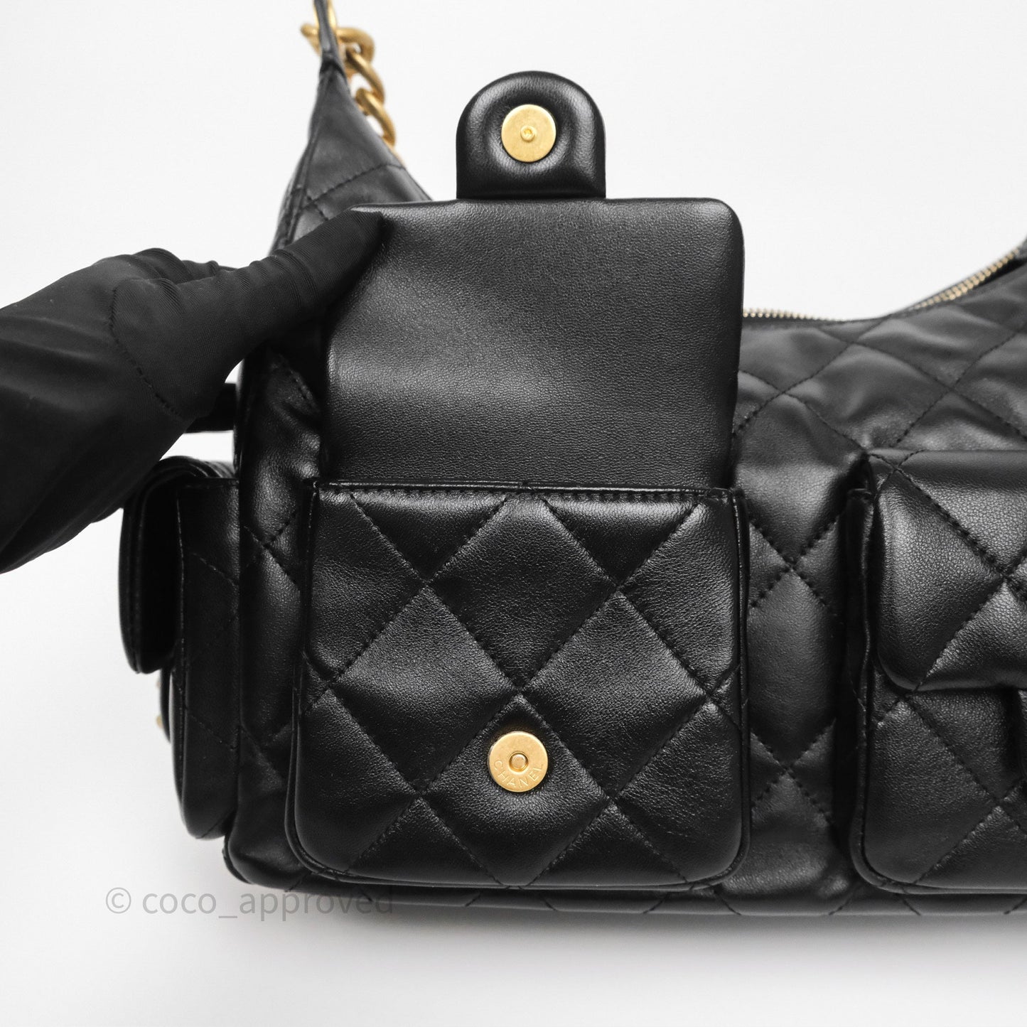 Chanel Quilted Large Trendy Double Pocket Hobo Black Lambskin Gold Hardware