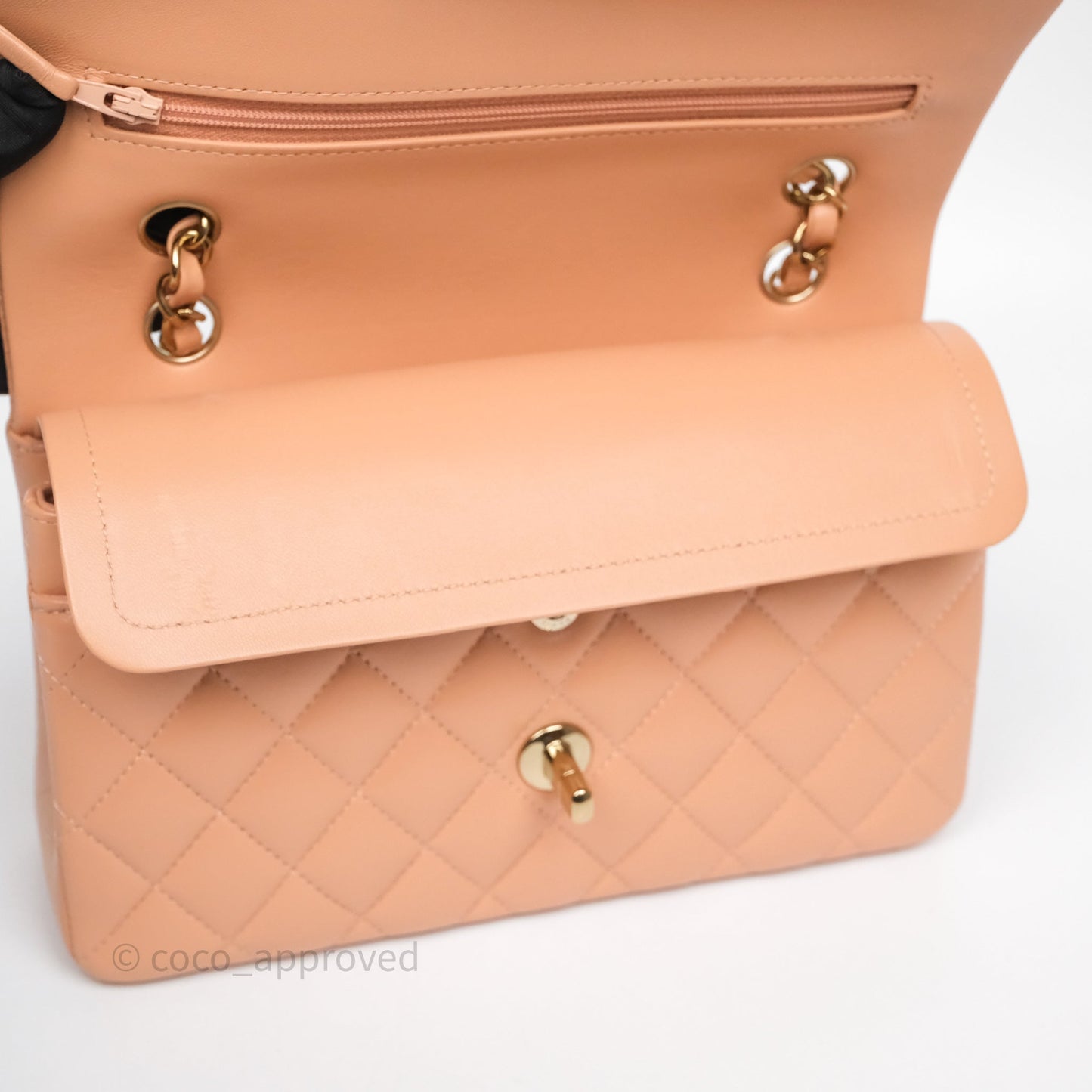 Chanel Small Classic Flap Quilted Dark Peach Beige Lambskin Gold Hardware