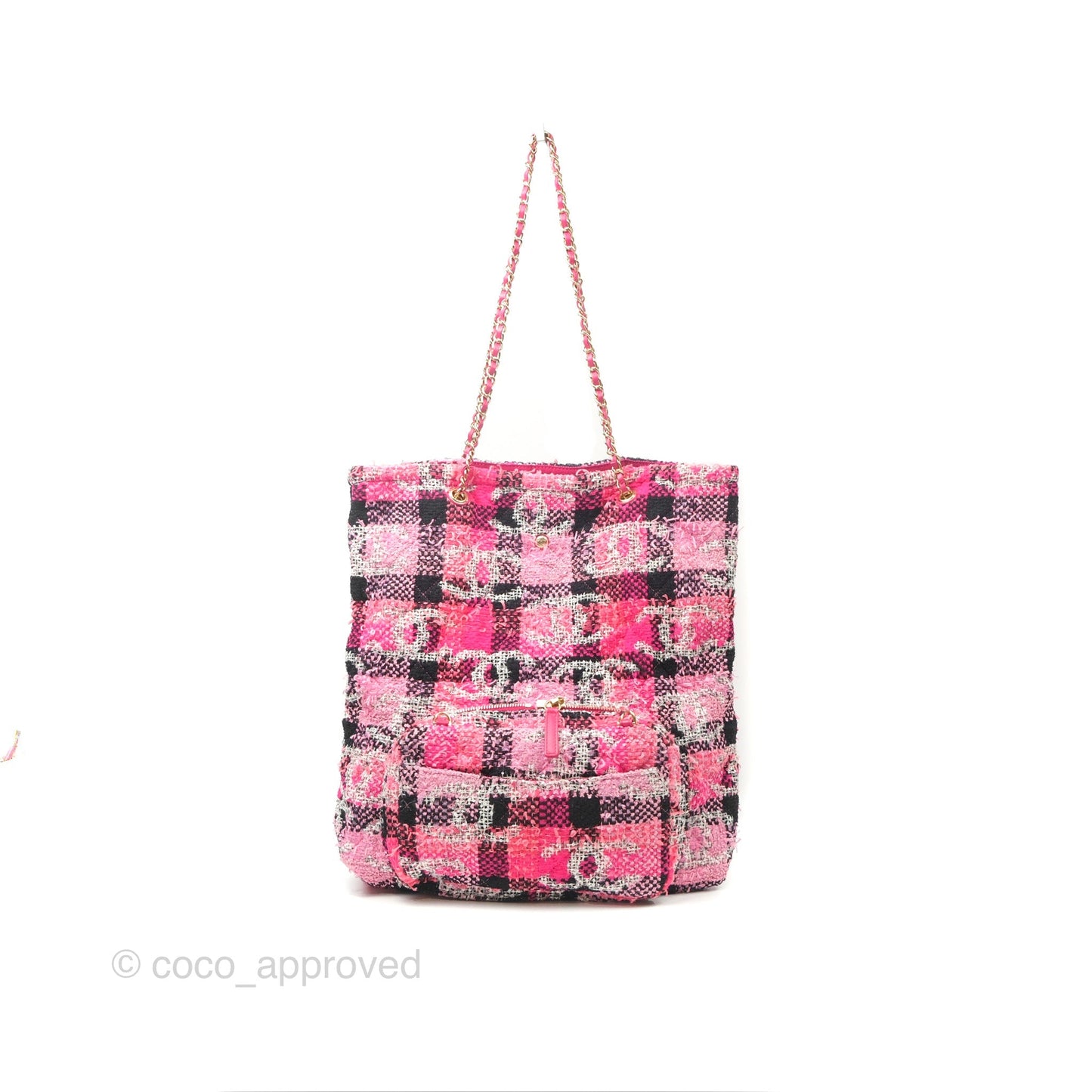 Chanel Coco Beach 2way Crossbody Bag / Foldable Tote Pink Black Grid Tweed