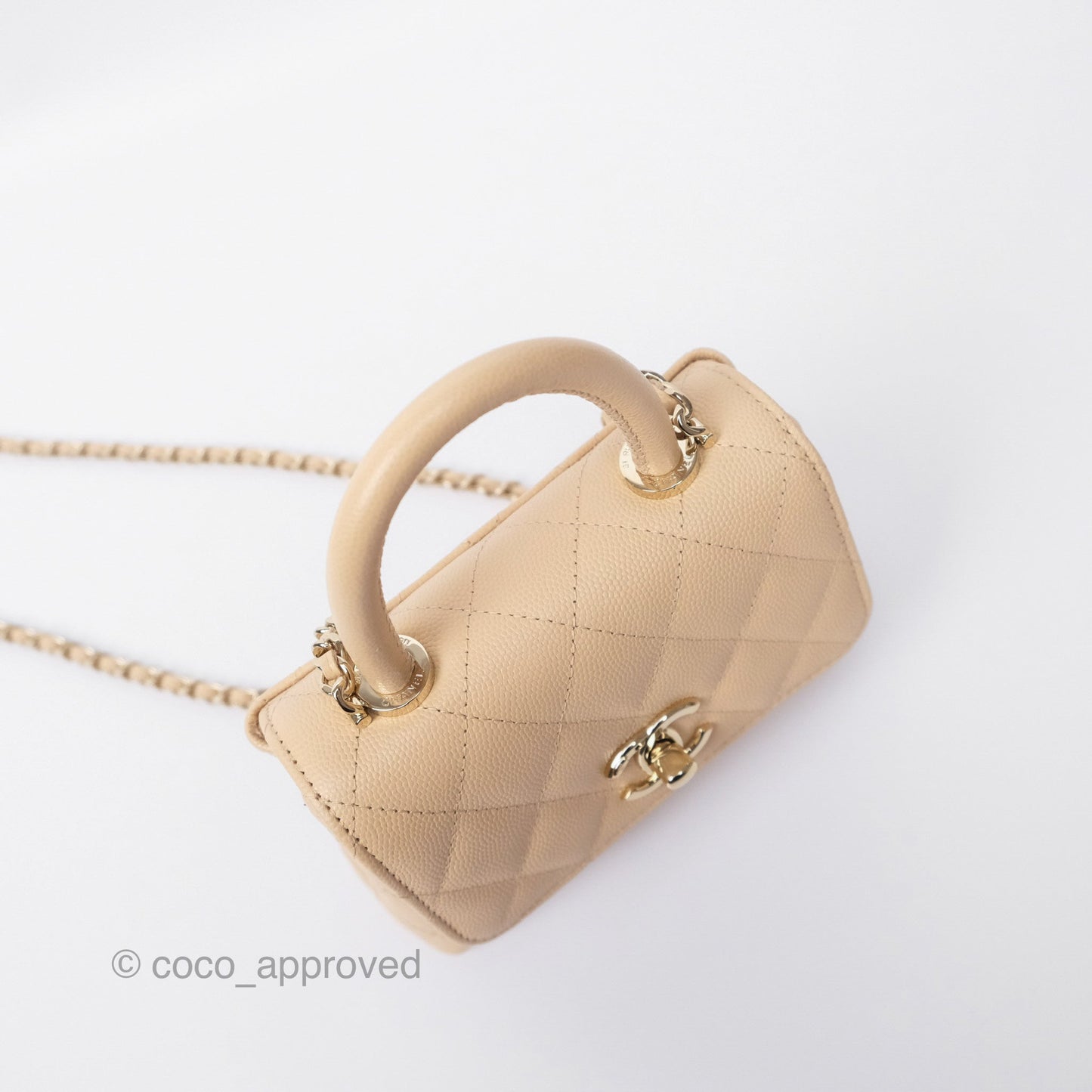 Chanel Coco Handle Clutch with Chain Quilted Beige Caviar Gold Hardware