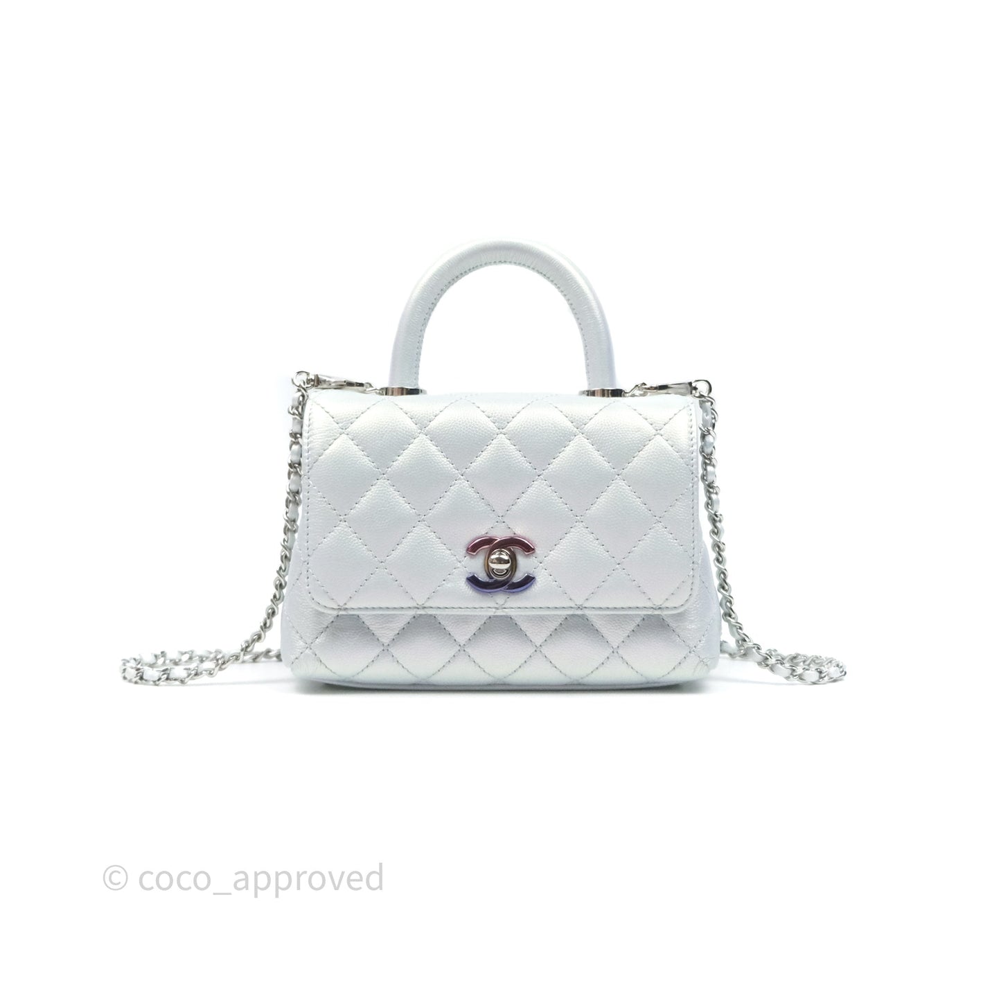 Chanel Mini Coco Handle Quilted Iridescent Light Blue Caviar Rainbow Hardware