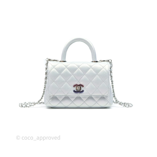 Chanel Mini Coco Handle Quilted Iridescent Light Blue Caviar Rainbow Hardware