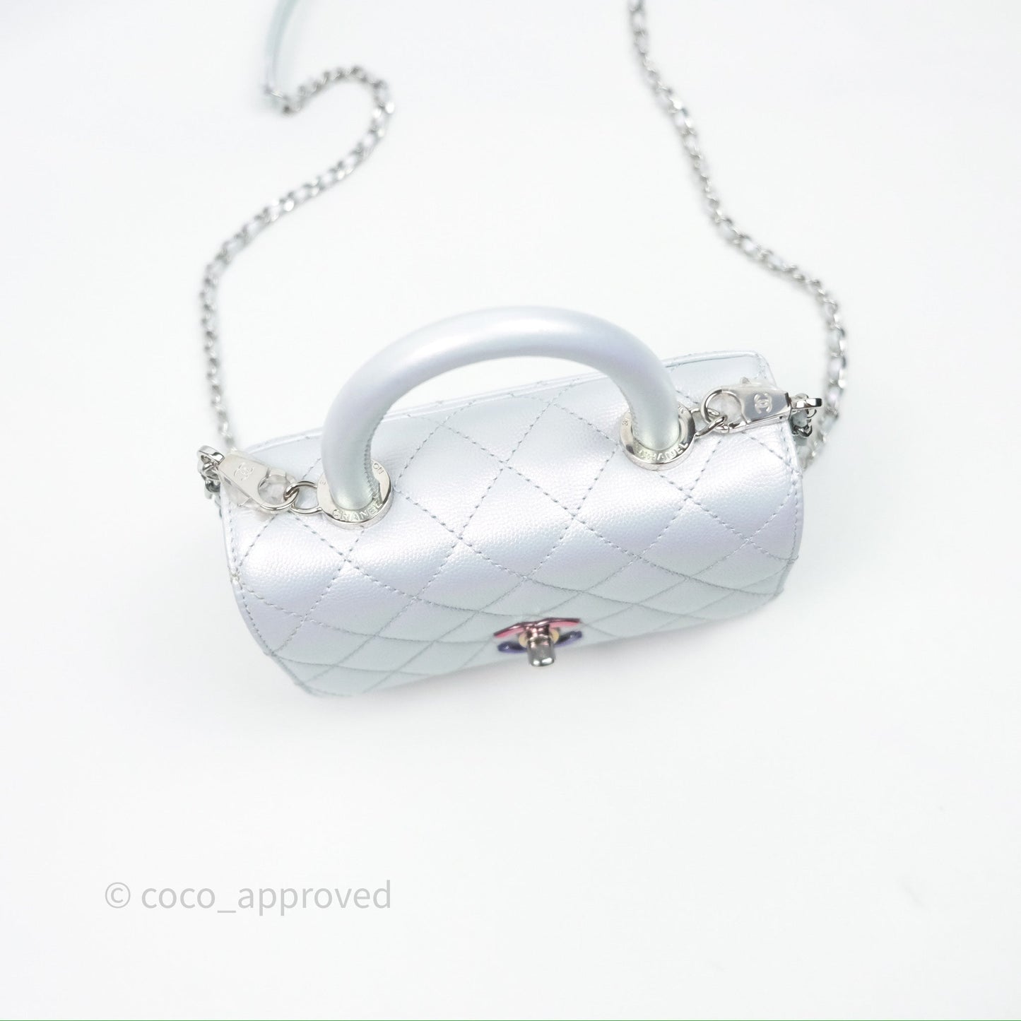 Chanel Mini Coco Handle Quilted Iridescent Light Blue Caviar Rainbow Hardware