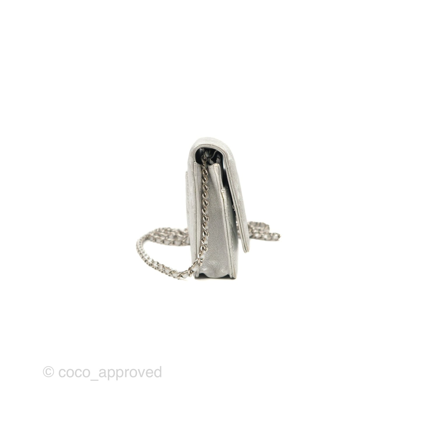 Chanel Quilted Wallet on Chain WOC Iridescent Silver Grained Lambskin Silver Hardware