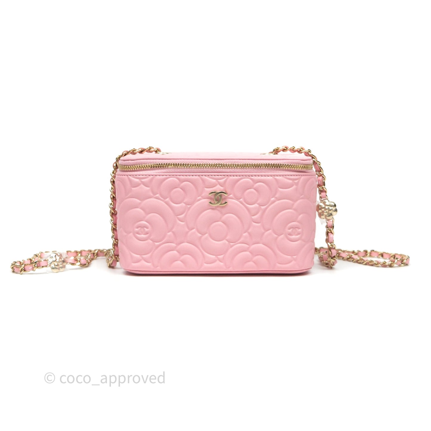 Chanel Vanity with Chain Camellia Embossed Pink Lambskin Gold Hardware