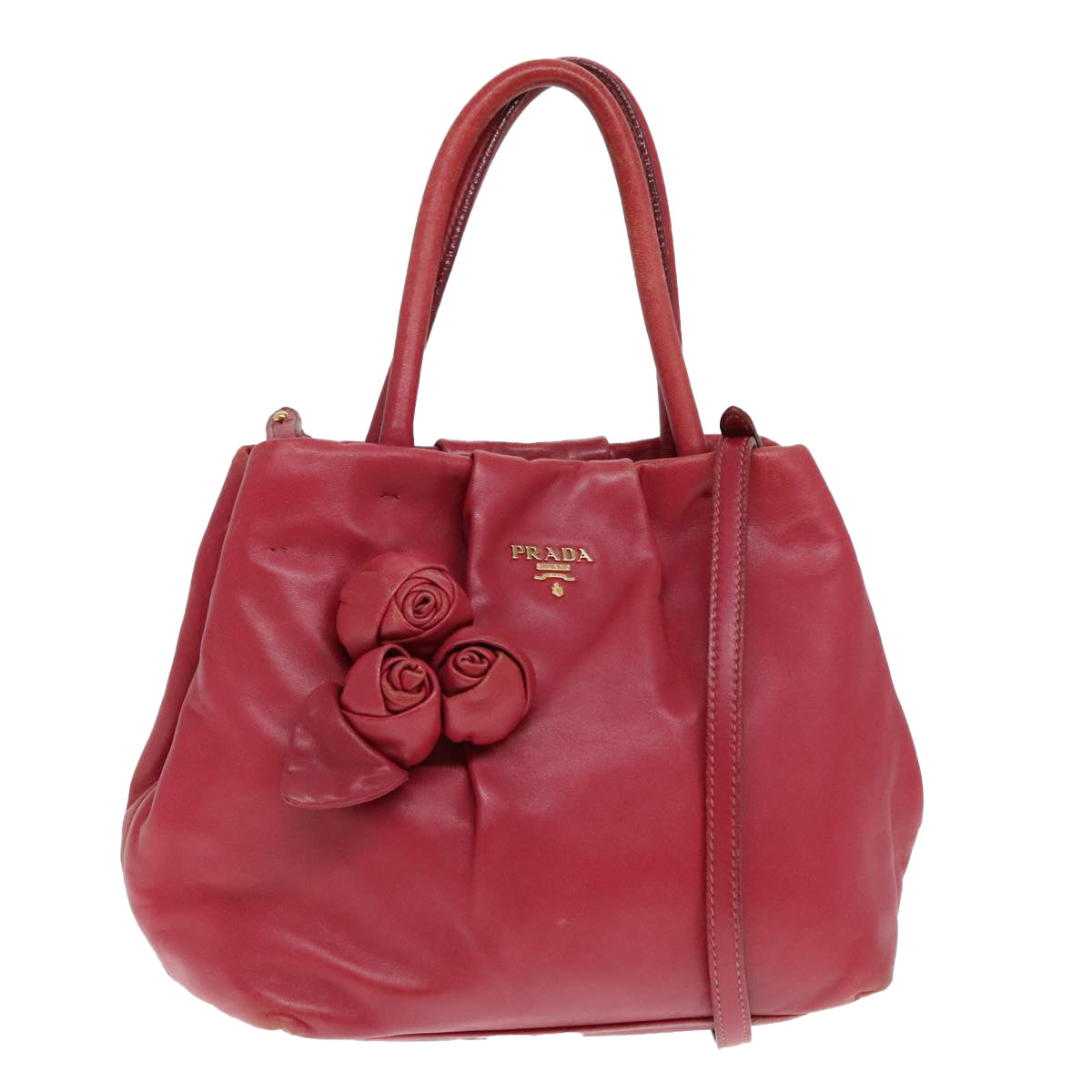 Luxury Prada Hand Bag Leather 2way Red Gold  90241