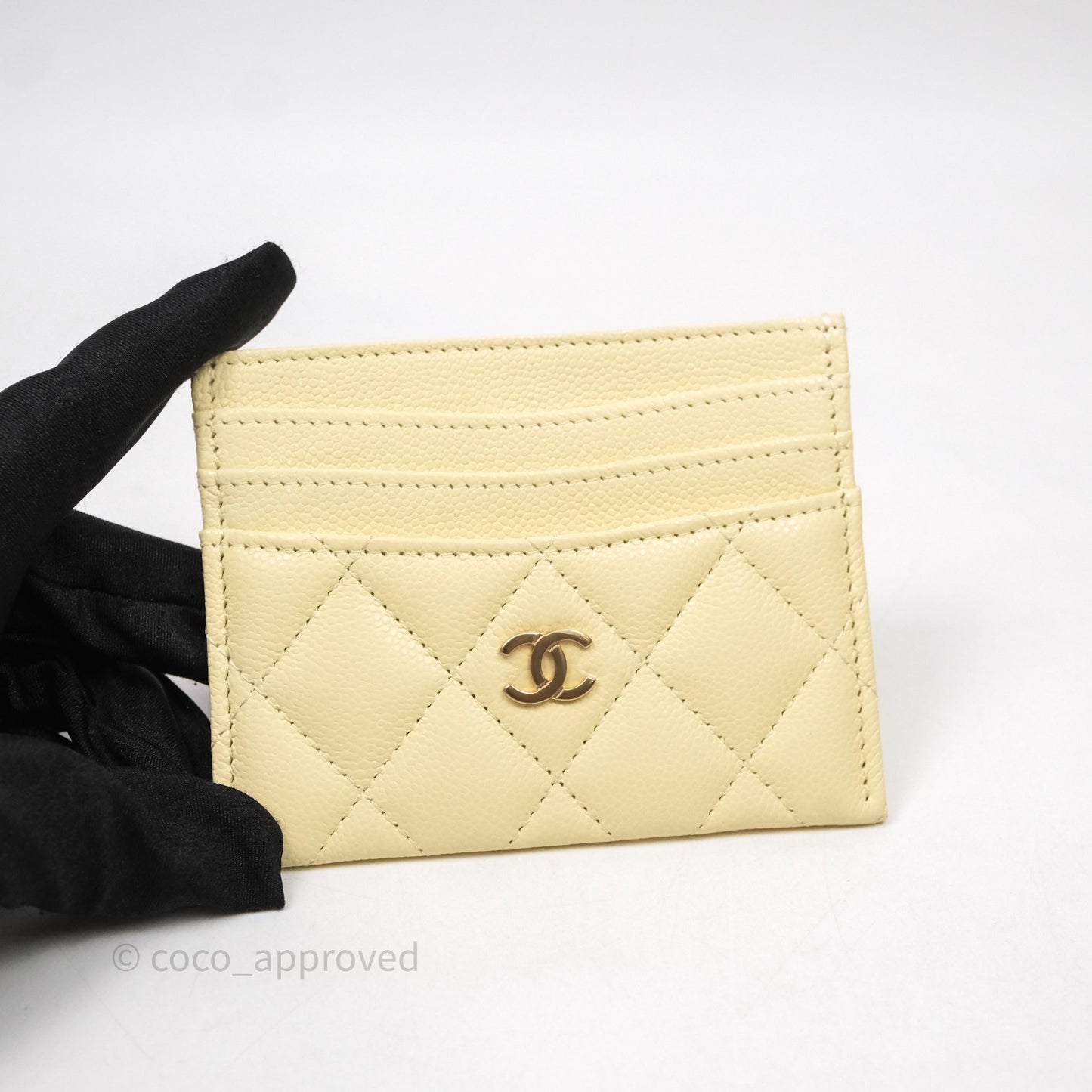 Chanel Quilted Card Holder Yellow Caviar Gold Hardware