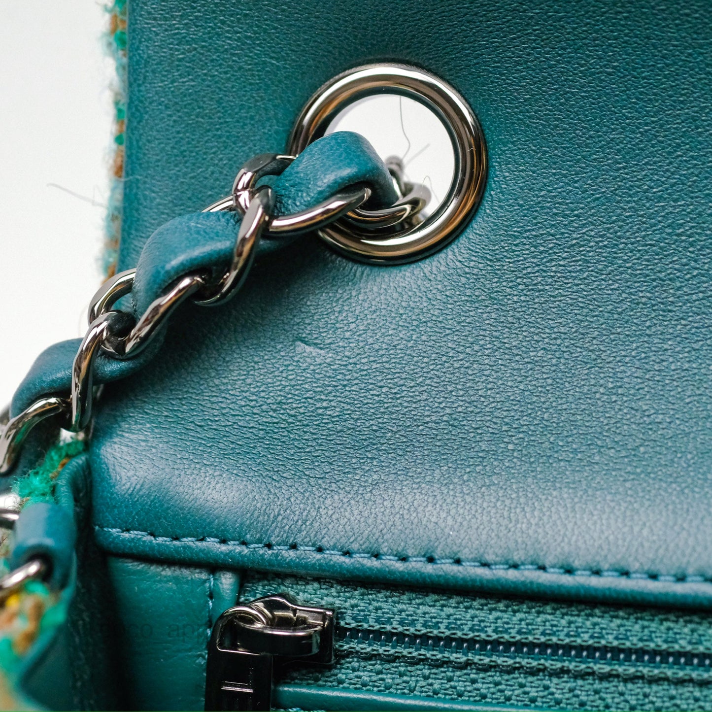 Chanel Mini Rectangular Flap Quilted Green Tweed Gun Metal 23A