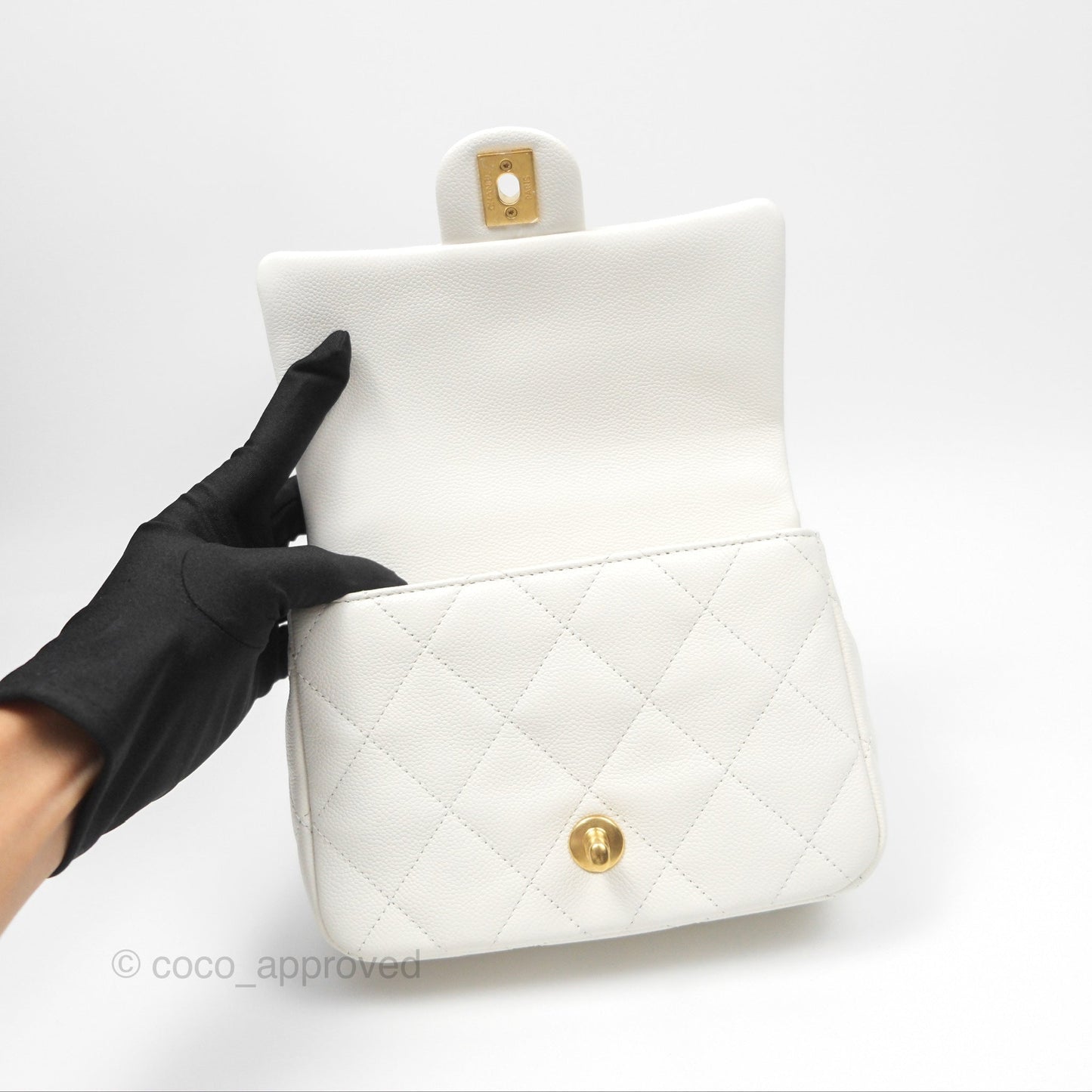 Chanel Mini Flap Bag Heart Adjustable Chain White Caviar Aged Gold Hardware