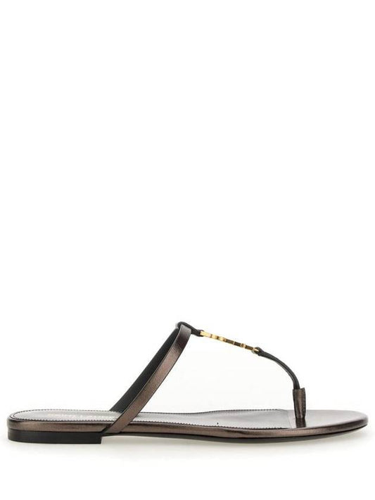 Luxury Saint Laurent Cassandra Slide Leather Flip Flops Brown