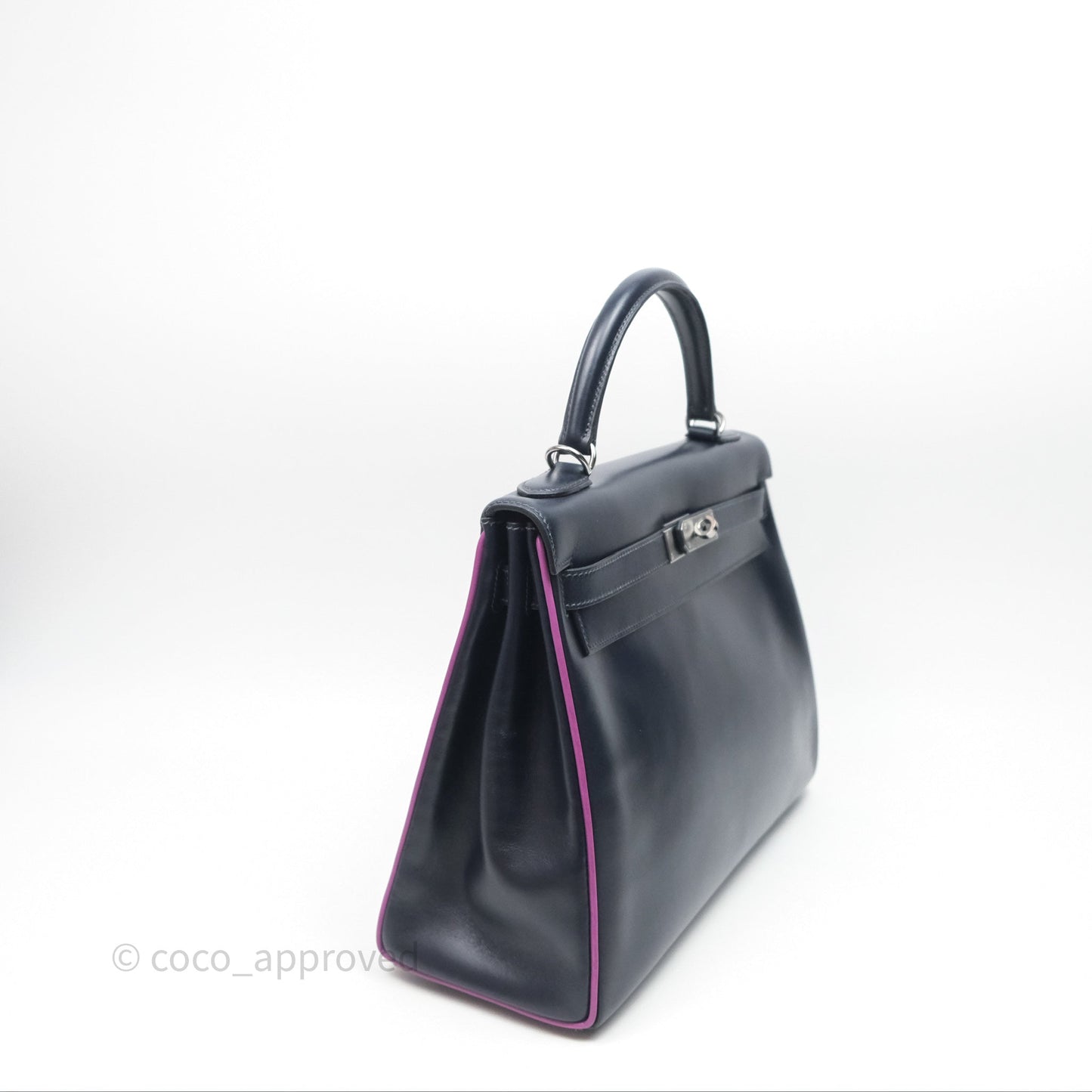Hermès Vintage Kelly 32 Retourn Navy/Purple Box Leather Palladium Hardware