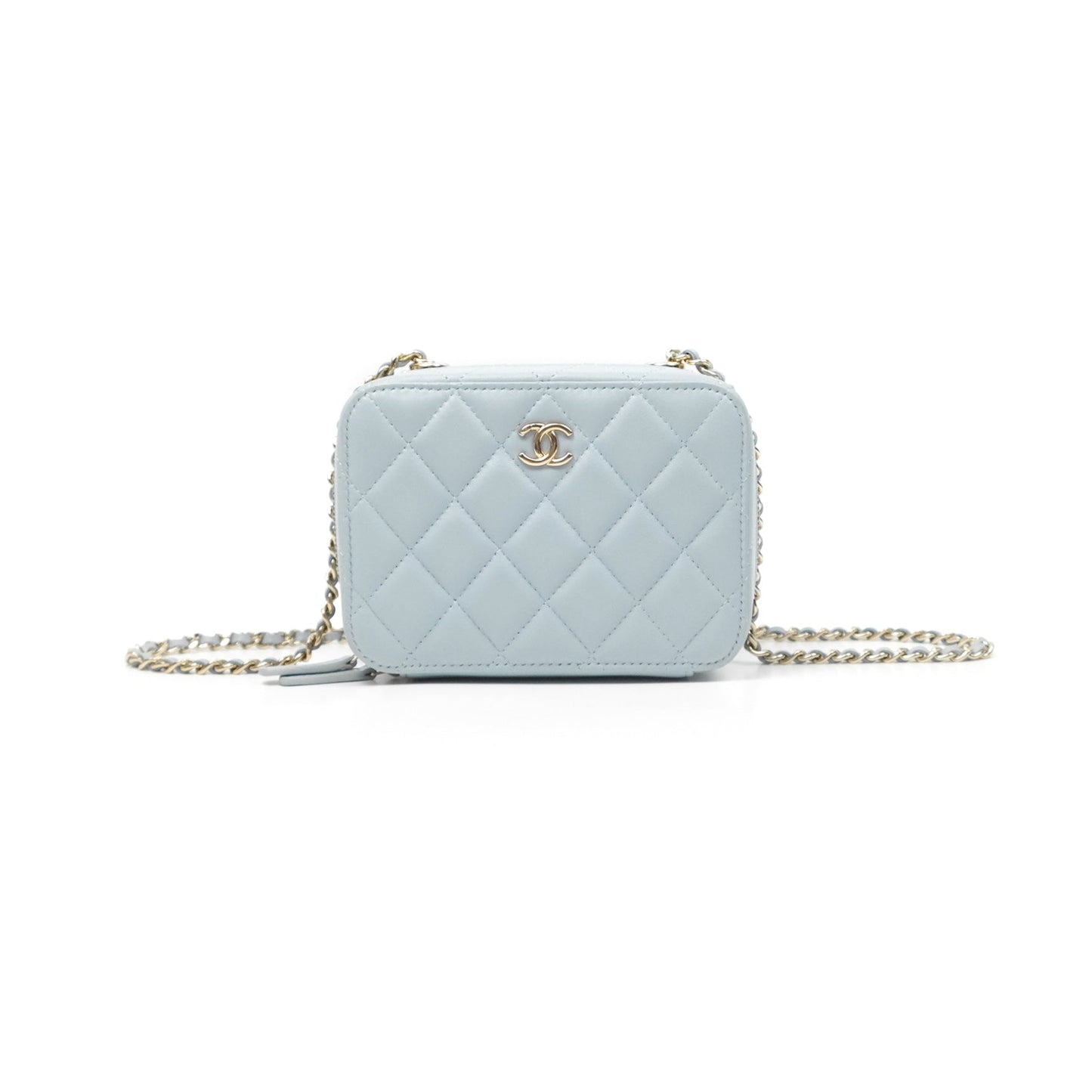 Chanel Mini Quilted Vanity Camera Case Light Blue Lambskin Gold Hardware