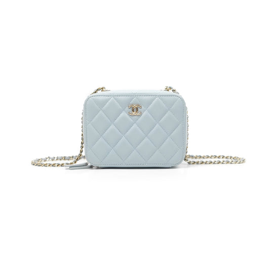 Chanel Mini Quilted Vanity Camera Case Light Blue Lambskin Gold Hardware