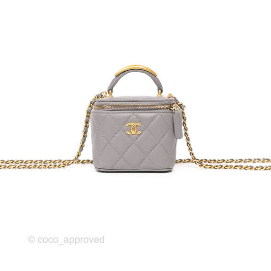 Chanel Mini Metal Top Handle Vanity With Chain Grey Lambskin Aged Gold Hardware