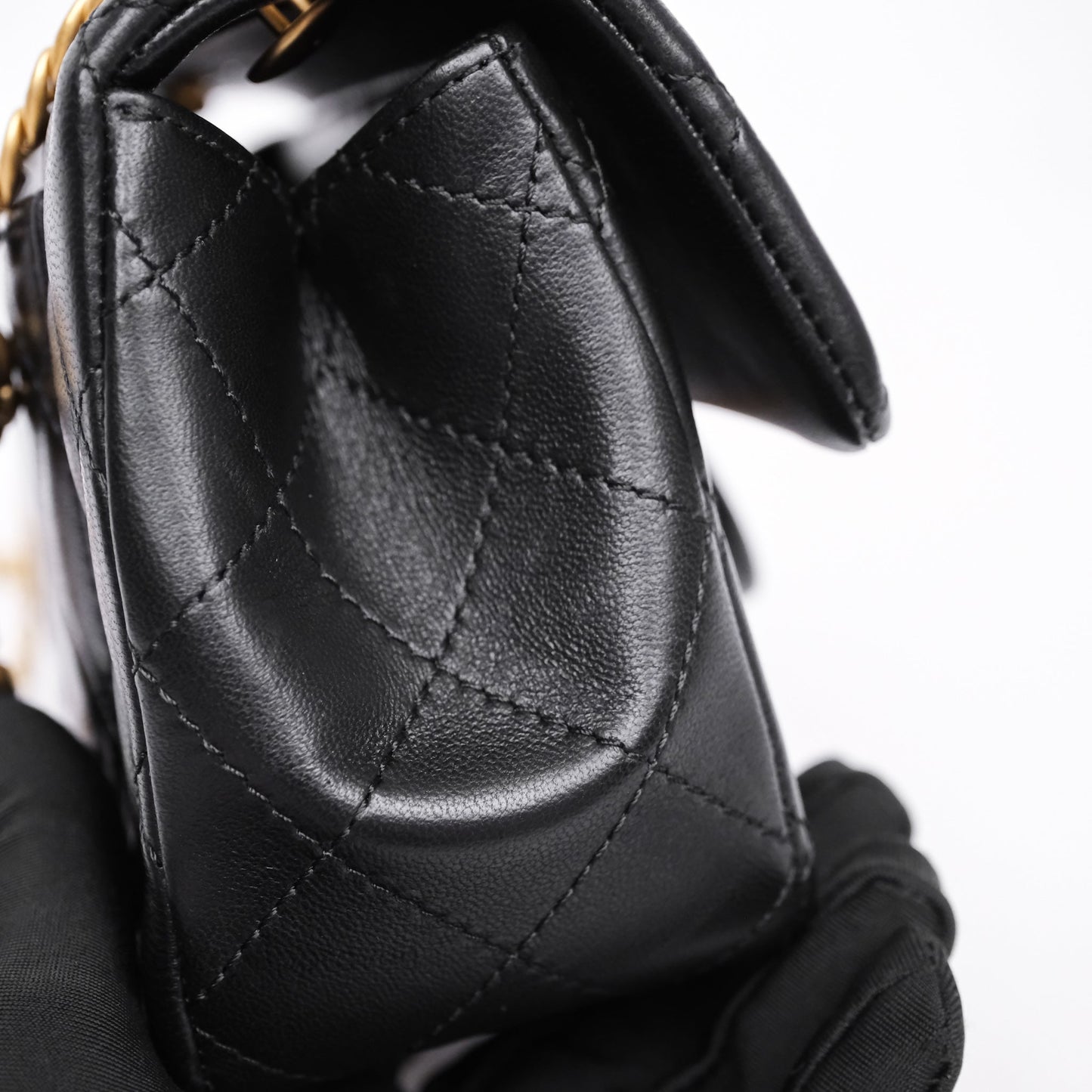Chanel Mini Rectangular Flap with Camellia Adjustable Chain Black Lambskin Aged Gold Hardware
