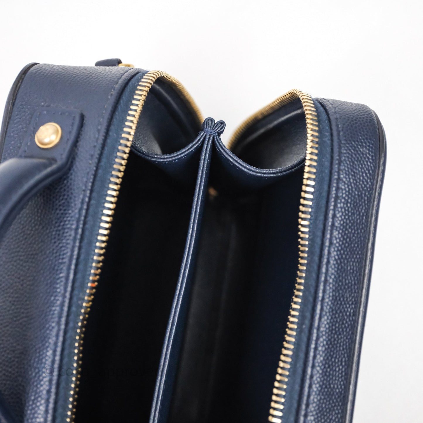 Chanel Quilted Small CC Filigree Vanity Case Navy Caviar Gold Hardware