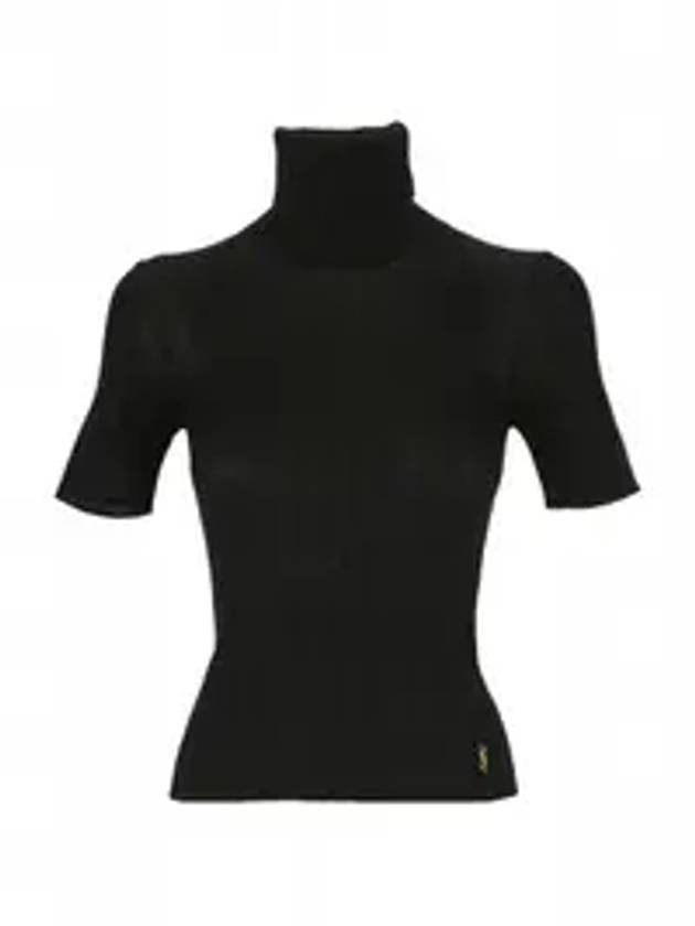 Luxury Saint Laurent Rib Silk Monogram Short Sleeve Turtleneck Black
