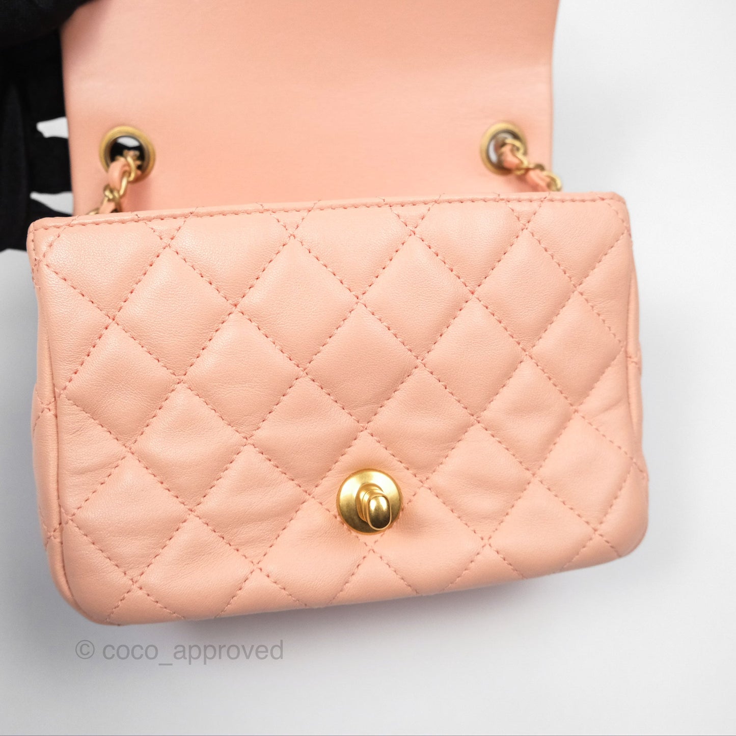 Chanel Pearl Crush Mini Square Quilted Peach Beige Lambskin Aged Gold Hardware