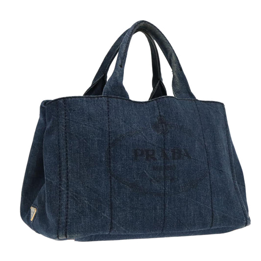 Luxury Prada Canapa MM Hand Bag Denim Blue Gold  90567